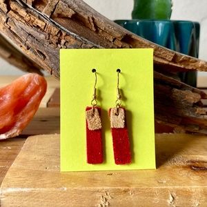 Leather Earrings Fish Hook Minimal Tan and Red Dangle
